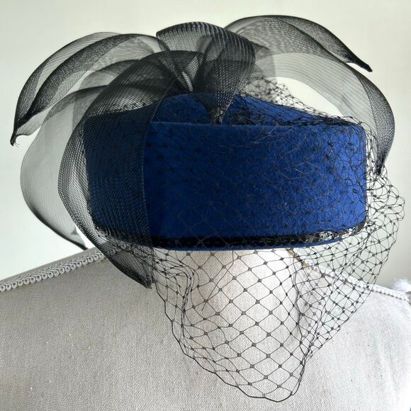 Royal Blue WPL Wool and Black Mesh Fascinator Pillbox Hat Black Sequins main image 6